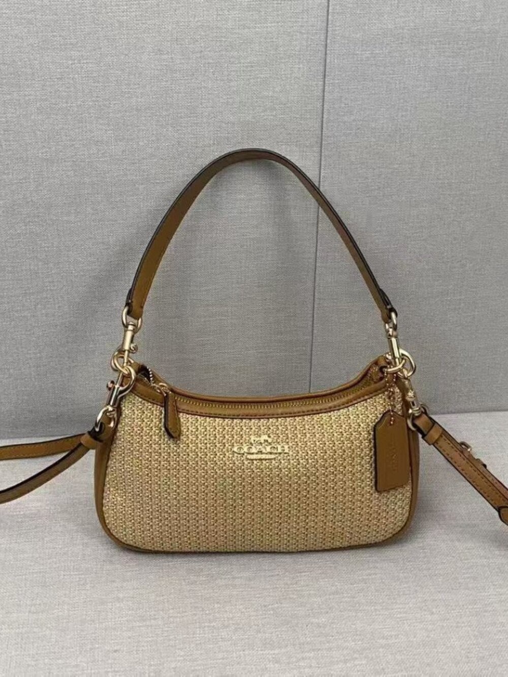 Coach Tan Woven Shoulder Bag with Leather Trim and Gold Hardware